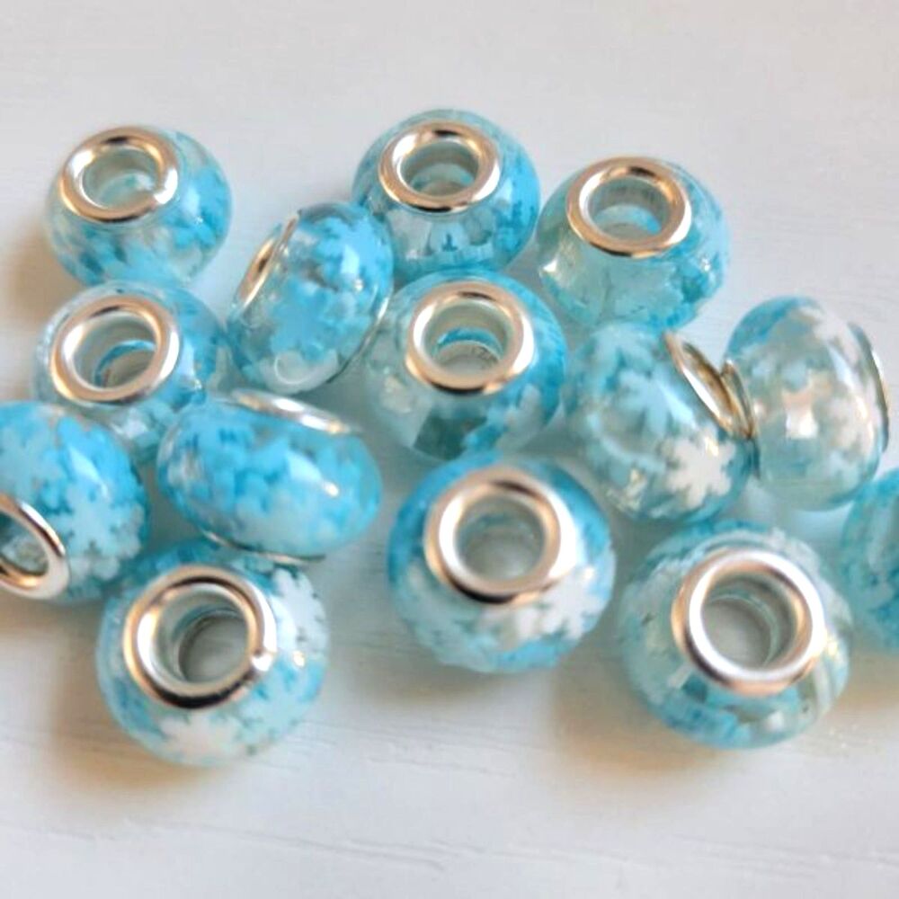 NWT 16 Blue Flower Snowflakes Large Hole European Charm Beads For Jewelry Making